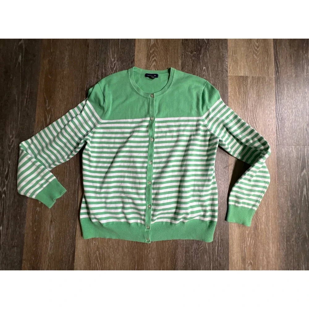 Lands End Cardigan Womens Large 14-16 Green White Striped Excellent Button Front